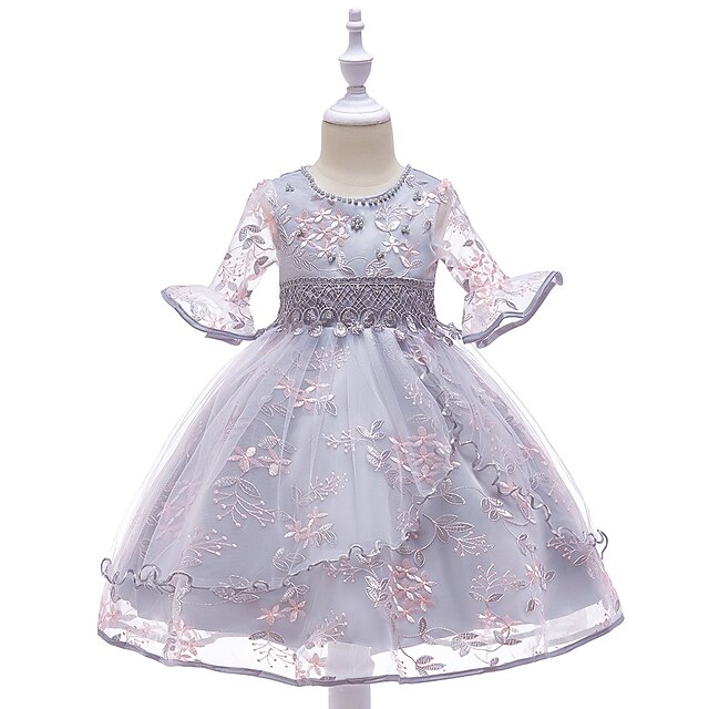  Kids Little Girls' Dress Floral Jacquard Special Occasion A Line Dress Print Gray Pink Midi Tulle Half Sleeve Princess Sweet Dresses Summer Regular Fit 2-8 Years
