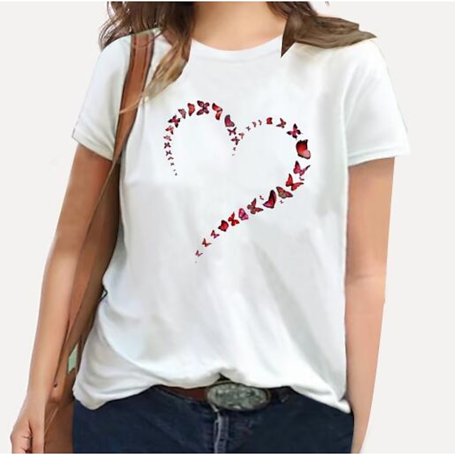  Women's Plus Size Tops T shirt Floral Graphic Heart Print Short Sleeve Round Neck Blue Gray Rainbow Big Size XL XXL 3XL 4XL 5XL / 100% Cotton