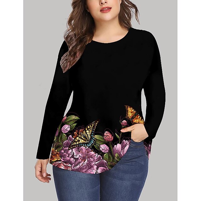  Women's Plus Size Tops T shirt Graphic Butterfly Long Sleeve Print Hoodie Crewneck Cotton Spandex Jersey Daily Holiday Black