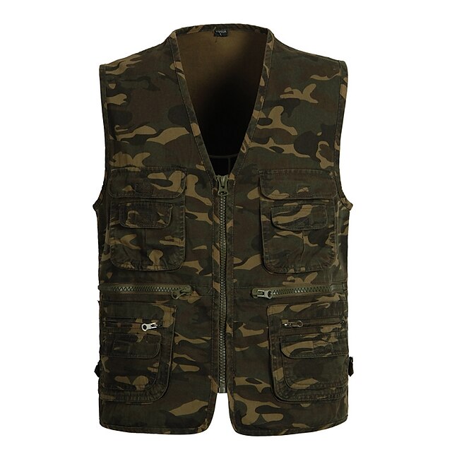  Men's Fishing Vest Hunting Gilet Outdoor Spring Waterproof Ultra Light (UL) Multi-Pockets Breathable Top Camo Polyester Hunting Fishing Grey camouflage