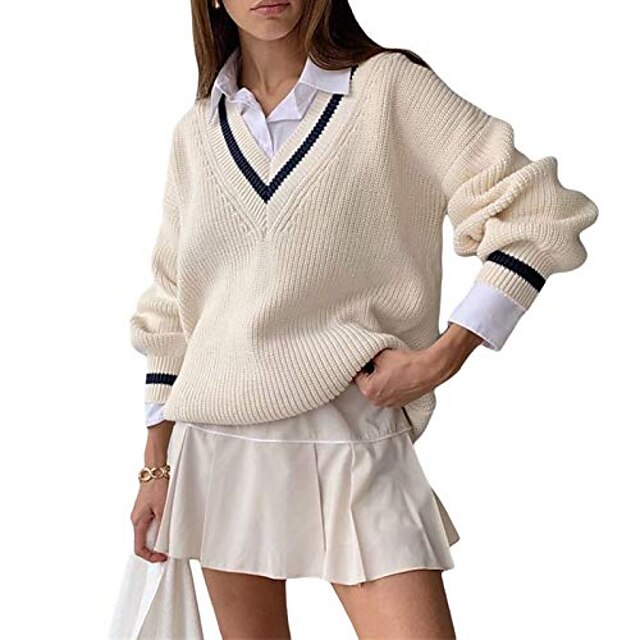 Pull à col en V pour femmes gilet uniforme scolaire câble tricot surdimensionné manches chauve-souris pull de cricket pulover tops blanc