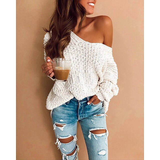  Women's Pullover Sweater Jumper V Neck Chunky Crochet Knit Knitted Thin Spring Fall Winter Daily Date Going out Stylish Basic Sexy Long Sleeve Solid Color White S M L