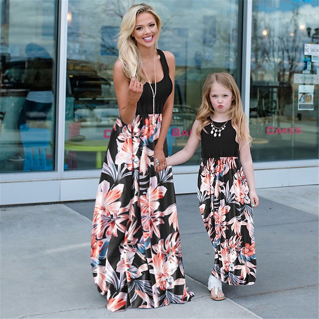  Mommy and Me Dress Graphic Print Black Maxi Sleeveless Matching Outfits / Summer
