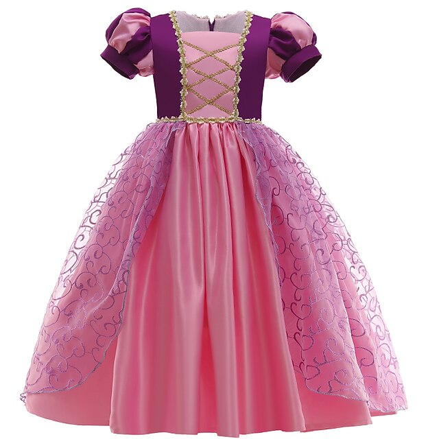  Kinder Wenig Mädchen Kleid Patchwork Gitter Purpur Rosa Midi Kurzarm Prinzessin Kleider Normale Passform