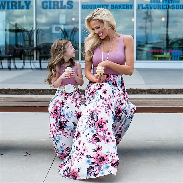  Mommy and Me Dresses Floral Print Pink Blue Light Purple Sleeveless Maxi Mommy And Me Outfits Boho Matching Outfits