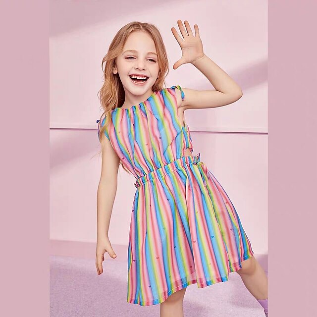  Kids Little Girls' Dress Rainbow Sundress Print Rainbow Sleeveless Active Dresses Summer Regular Fit 2-6 Years