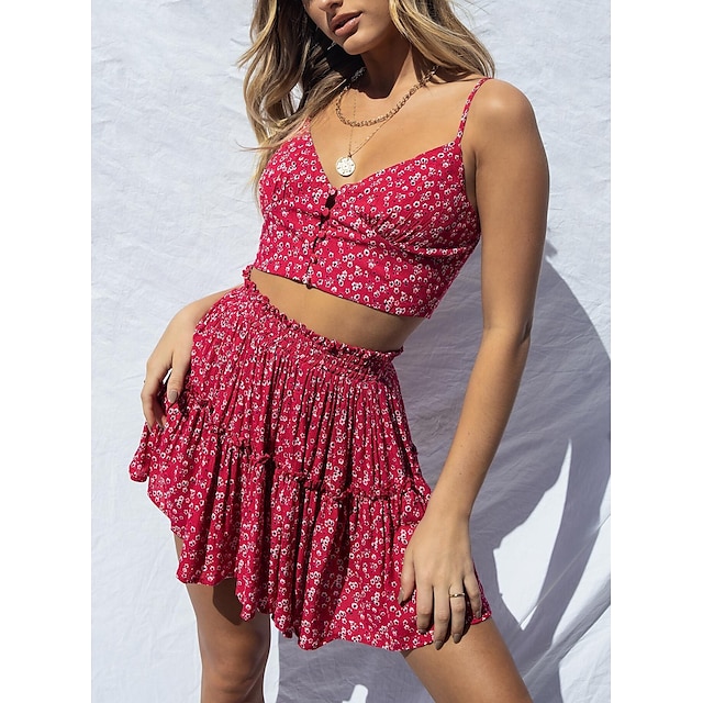  Women's Streetwear Floral Date Going out Two Piece Set Crop Top Skirt Print Tops