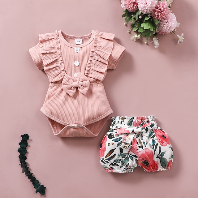  Baby Mädchen Grundlegend Blumen Schleife Druck Kurzarm Standard Kleidungsset Rosa