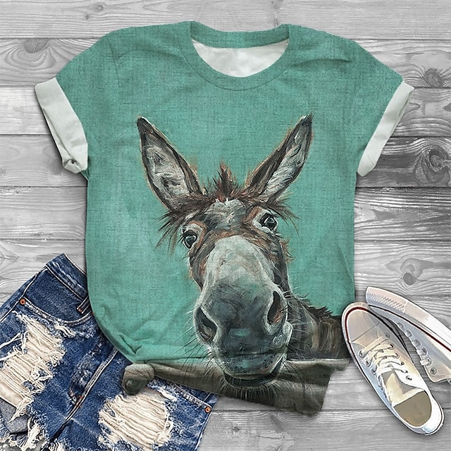  Women's Plus Size Tops T shirt Tee Graphic Animal Short Sleeve Print Basic Preppy Crewneck Cotton Spandex Jersey Daily Holiday Spring Summer Green Blue
