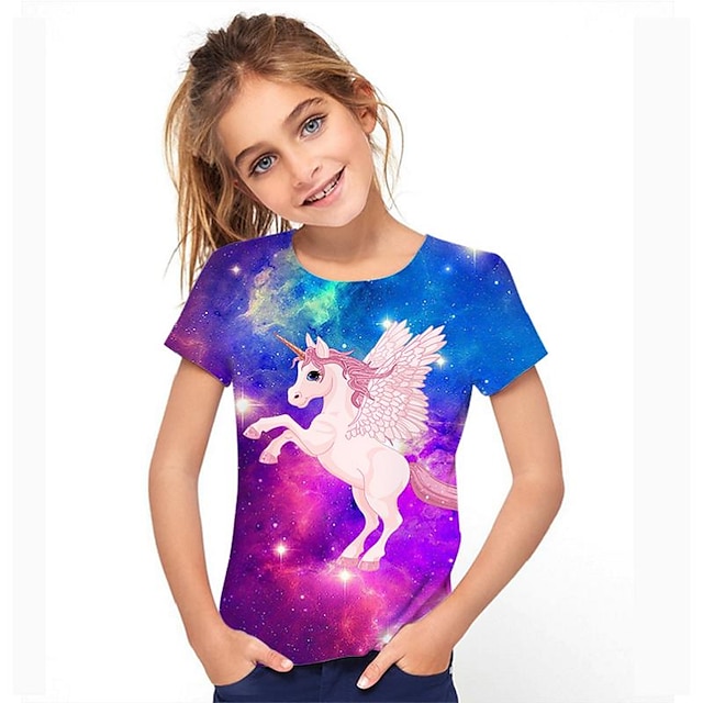  Infantil Para Meninas Camiseta Unicórnio Manga Curta Gráfico Arco-íris Crianças Blusas Activo Estilo bonito Escola 3-12 anos