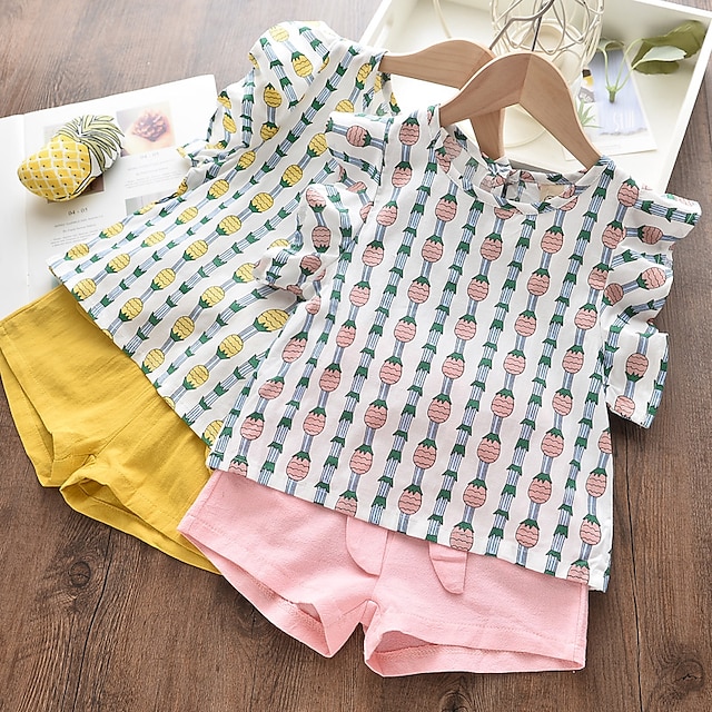  Kids Girls' Clothing Set Sleeveless 2 Pieces Green Pink Yellow Bow Print Floral Daily Wear Cotton Regular Active Basic