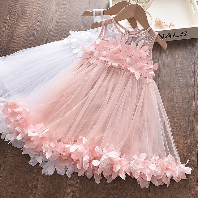  Kids Little Dress Girls' Floral Patchwork Daily Sundress Mesh Lace Trims Print Pink Knee-length Cotton Sleeveless Sweet Dresses Regular Fit