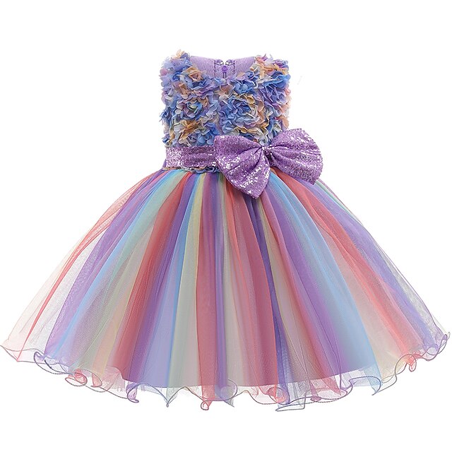  Kids Little Girls' Dress Patchwork Pleated Purple Blushing Pink Knee-length Sleeveless Sweet Dresses All Seasons