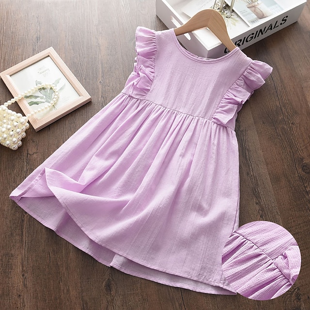  Kids Little Girls' Dress Solid Colored School Ruffle Purple Cotton Knee-length Sleeveless Cute Sweet Dresses Summer Loose