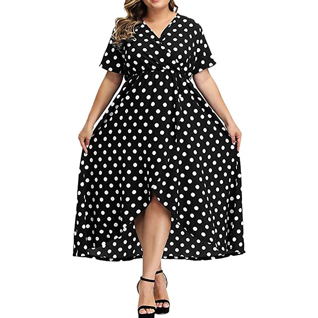  Women's Plus Size Polka Dot Holiday Dress Ruffle V Neck Short Sleeve Fashion Hot Spring Fall Causal Holiday Maxi long Dress Dress