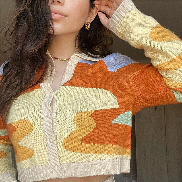  Women's Pullover Sweater Geometric Knitted Stylish Casual Vintage Long Sleeve Sweater Cardigans Fall Winter V Neck Yellow