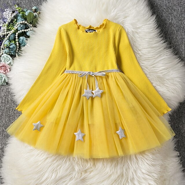  Kids Little Dress Girls' Solid Colored Print Yellow Blushing Pink Navy Blue Knee-length Long Sleeve Dresses Summer Regular Fit