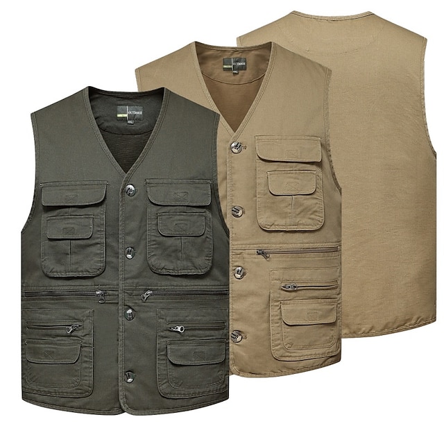  Men's Hunting Gilet Outdoor Spring Summer Multi-Pockets Wearable Breathable Comfortable Solid Colored Cotton Army Green Khaki