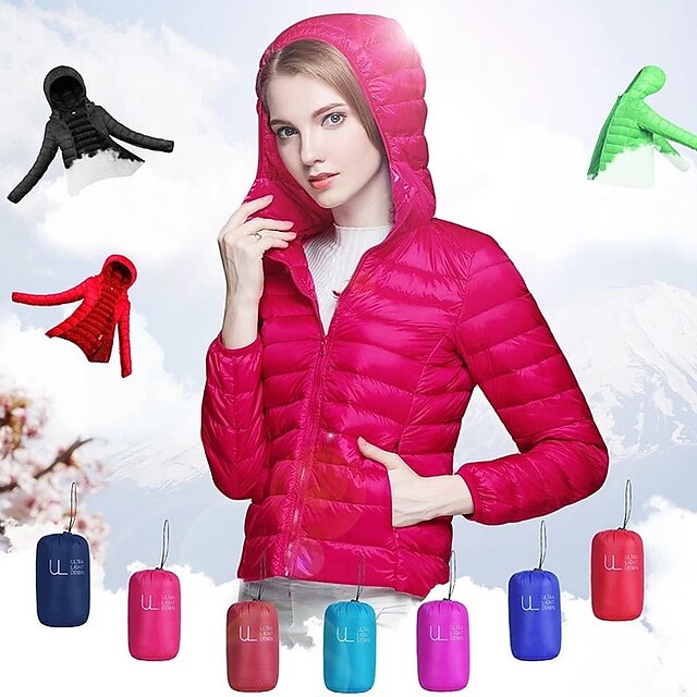  Women's Duckdown Hoodie Jacket Hiking Down Jacket Winter Outdoor Thermal Warm Packable Windproof Ultra Light (UL) Jacket Coat Top Camping / Hiking Ski / Snowboard Fishing Lake blue Dark Khaki Pink