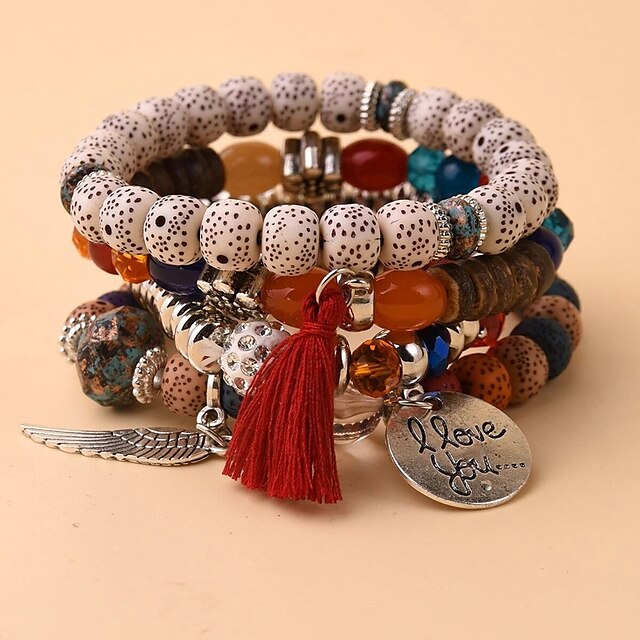  4 piezas Mujer Multi capa Pulseras charm Brazalete de Cuentas Moda Europeo Boho Alas Resina Pulsera pulsera Blanco / Rojo Para Regalo Playa Festival