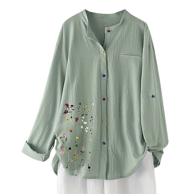  Women's Plus Size Tops Blouse Shirt Graphic Button Long Sleeve Round Neck Hot Spring Summer Blue Green Big Size L XL 2XL 3XL 4XL / Cotton / Cotton