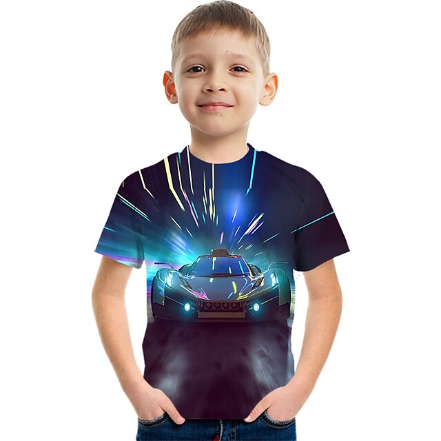  Børn Drenge T-shirt Kortærmet 3D-udskrivning 3D-udskrivning Grafisk Bil Let Sort Blå Regnbue Børn Toppe Sommer Aktiv Mode Sej 3-12 år