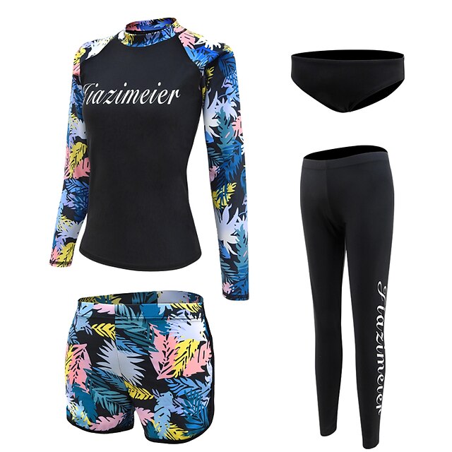  Women's UV Sun Protection UPF50+ Breathable Rash Guard Rashguard Swimsuit Long Sleeve 4-Piece Swimwear Bathing Suit Floral / Botanical Swimming Diving Surfing Water Sports Autumn / Fall Spring Summer