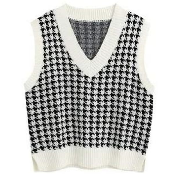  Women's Sweater Vest V Neck Knit Acrylic Knitted Spring Fall Cropped Sleeveless Houndstooth Black White Pink S M L