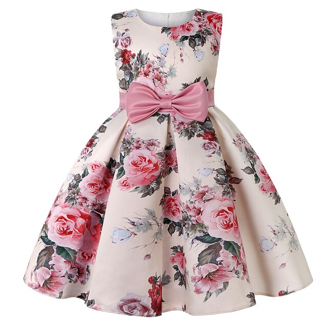  Kids Little Dress Girls' Floral Party Bow Print Blue Pink Wine Above Knee Sleeveless Cute Dresses Summer Slim 3-10 Years