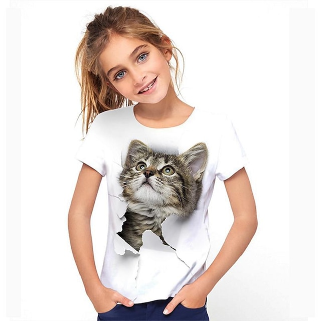  Jente 3D Dyr Katt T skjorte Kortermet 3D-utskrift Sommer Aktiv søt stil Polyester Rayon Barn 3-12 år utendørs Daglig