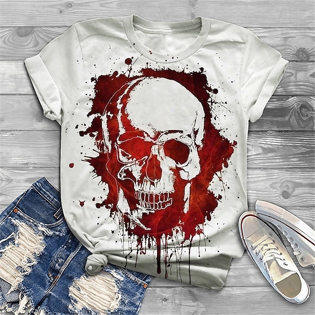  Women's Plus Size Tops T shirt Tee Graphic Skull Short Sleeve Print Basic Crewneck Cotton Spandex Jersey Daily Holiday Spring Summer White