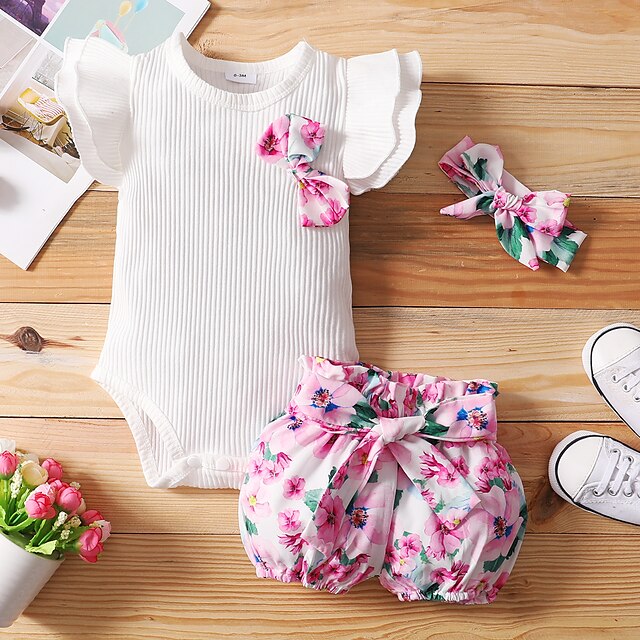  Baby Mädchen Grundlegend Blumen Schleife Druck Kurzarm Standard Kleidungsset Weiß