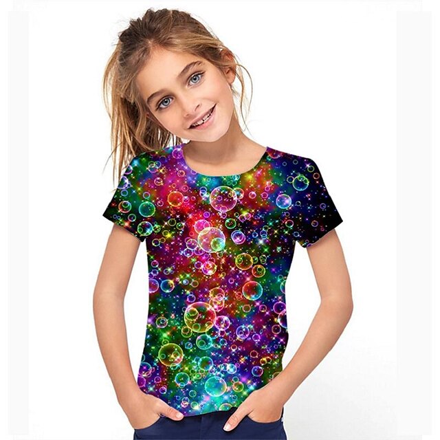  Kinder Mädchen Regenbogen Blasen T-Shirt Kurzarm 3D-Druck Grafik Kinder Tops Frühling Sommer aktiv Schule täglich 3-12 Jahre