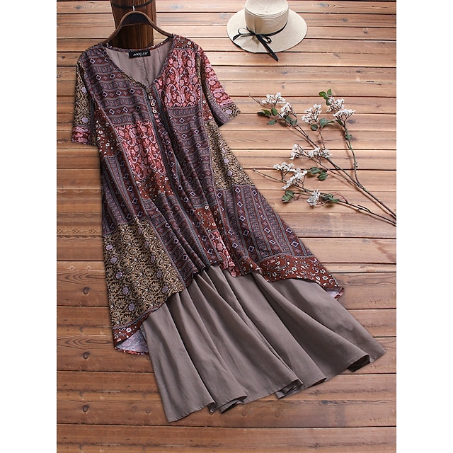  Women's Plus Size Tribal Swing Dress V Neck Short Sleeve Basic Vintage Fall Summer Causal Vacation Maxi long Dress Dress / Cotton