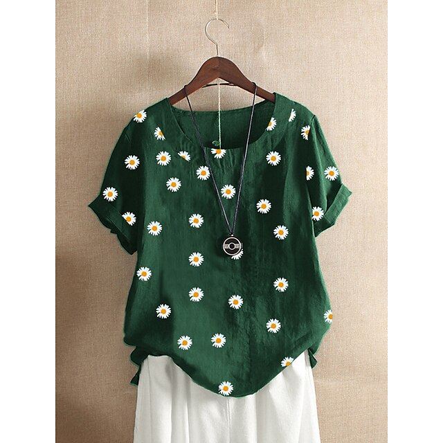  Women's Plus Size Tops Graphic Daisy Blouse Shirt Round Neck Short Sleeve Spring Summer Cute Navy Red Wine Green Big Size L XL 2XL 3XL 4XL