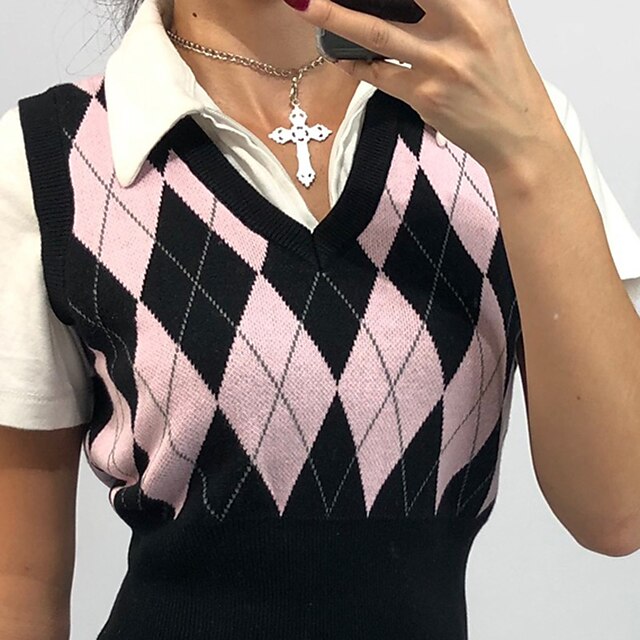 Women's Vest Plaid Check Argyle Check Pattern Knitted Stylish Basic Casual Sleeveless Regular Fit Sweater Cardigans Fall Spring Summer V Neck Black Pink Brown / Holiday / Going out