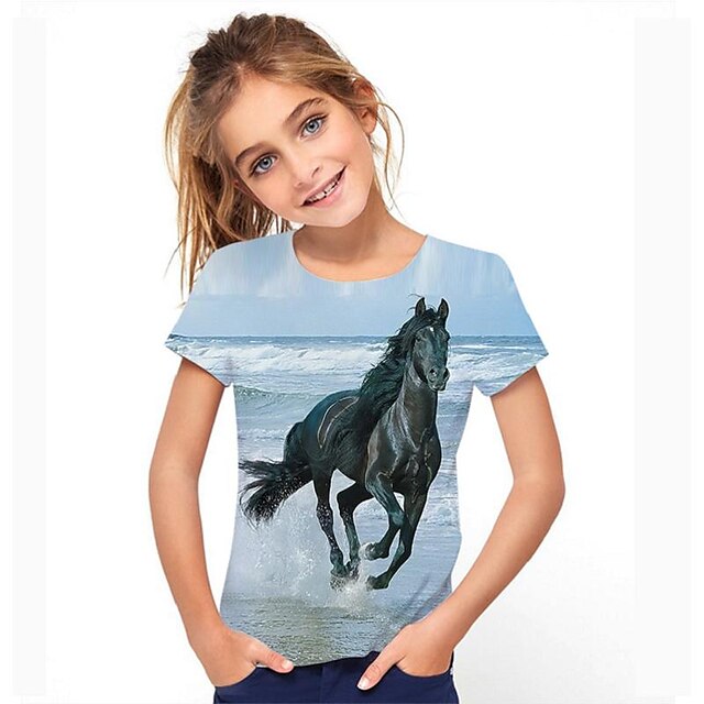  Børn Pige T-shirt Kortærmet Regnbue 3D-udskrivning Hest Skole Daglig udendørs Aktiv Basale 3-12 år / Sommer