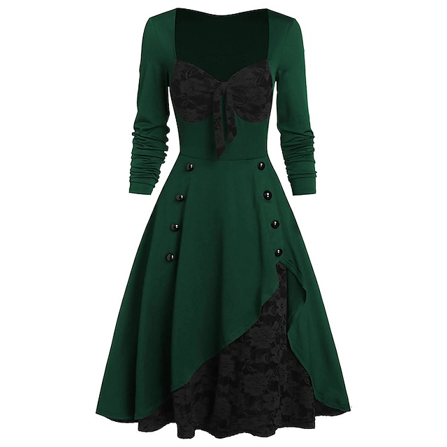  Plus Size 1950s Vintage Inspired Cocktail Dress Fall Spring Dress Flare Dress Women's Adults' Costume Vintage Cosplay Party / Evening Masquerade Cocktail Party Long Sleeve Deep U A-Line