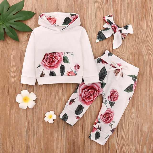  3 Pieces Baby Vintage Girls' Cotton Daily Floral Print Rose Print Regular Long Sleeve Hoodie & Pants Clothing Set White / Fall / Spring
