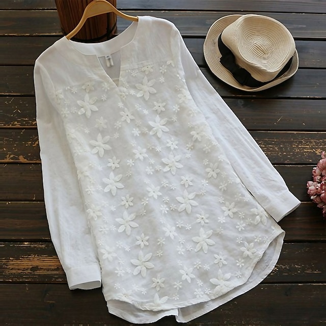  Women's Shirt Blouse Floral White Pink Blue Embroidered Crochet Long Sleeve Party Casual Daily Vintage Elegant Casual V Neck Regular Fit Spring Fall
