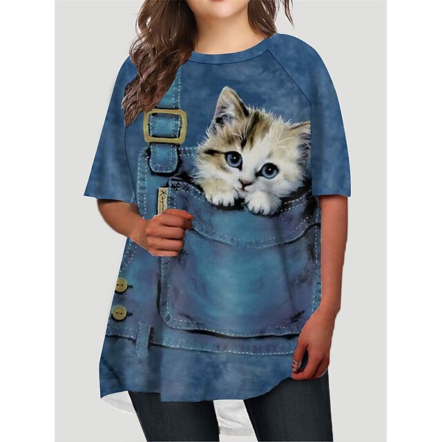  Damen Übergröße Katze T Shirt Kleid Bedruckt Rundhalsausschnitt Halbe Ärmel Grundlegend Herbst Frühling Normal Täglich Minikleid Kleid