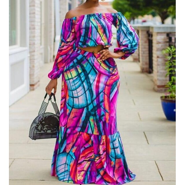  Women's Plus Size Graphic Two Piece Dress One Shoulder Long Sleeve Lantern Sleeve Casual Spring Summer Daily Holiday Maxi long Dress Dress