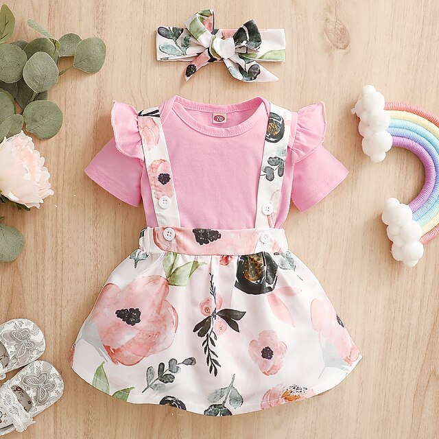  3-Piece Baby Girls' Active Clothing Set Cotton Pink Floral Print Regular Short Sleeve / Summer