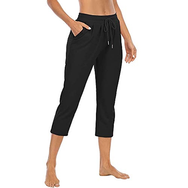  Capri Pants with Pocket Plain Jogging Running Sports Drawstring Leisure Pants Training Ftness Yoga Black