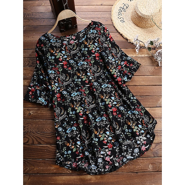  Women's Plus Size Tops Blouse Shirt Floral Half Sleeve Round Neck Polyester Causal Fall Spring Black
