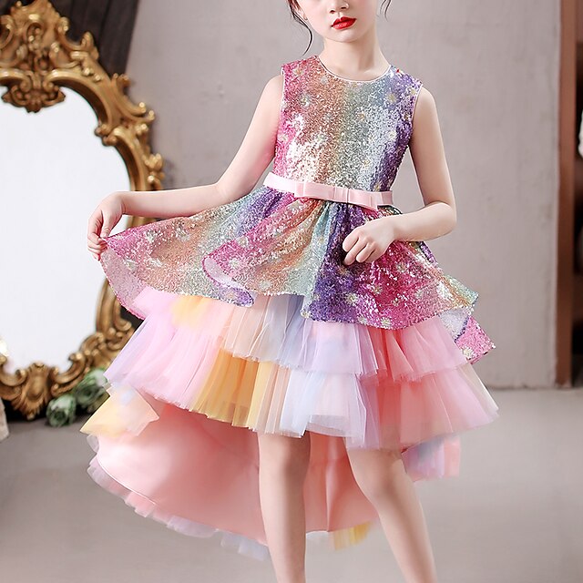  Robe Fille Enfants Petit Paillette Paillettes Soirée Mariage Utilisation Voir l'image Midi Polyester Sans Manches Princesse Doux Robes Eté Le Jour des enfants Standard 3-12 ans