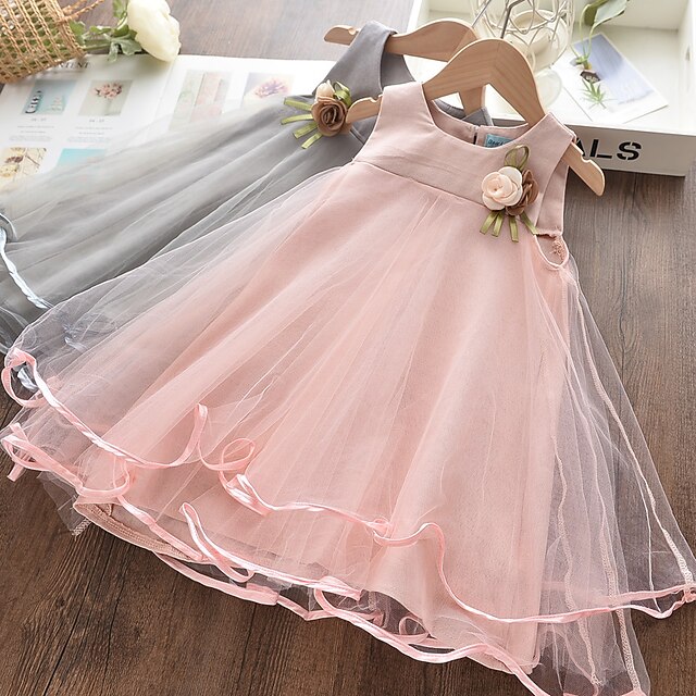  Kids Little Dress Girls' Solid Colored Print Blushing Pink Knee-length Sleeveless Basic Dresses Summer Regular Fit