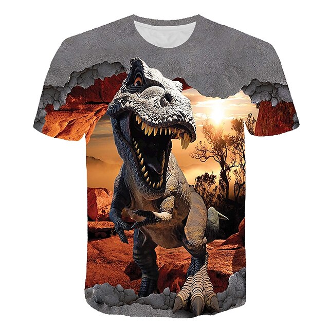  Camiseta con estampado 3d de dinosaurio para niños, camisetas de manga corta con estampado de animales grises para niños, ropa diaria activa de verano, ajuste regular de 4 a 12 años