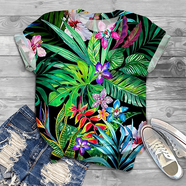  Women's Plus Size Tops T shirt Floral Graphic Leaf Print Short Sleeve Crewneck Basic Black Big Size XL XXL 3XL 4XL 5XL / Holiday