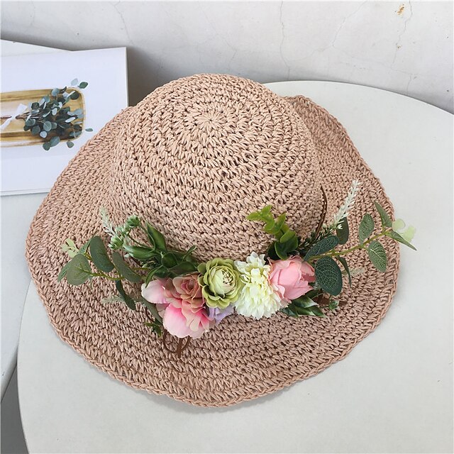  Women's Chic & Modern Street Daily Holiday Straw Hat Sun Hat Flower Flower Beige Gray Hat Portable Sun Protection Ultraviolet Resistant / Pink / Khaki / Fall / Summer
